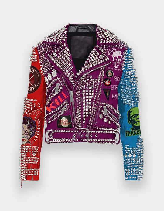 Bride of Frankenstein Gothic Patches Jacket, Steampunk Studded with Dead Kennedy, Punk Rock Biker's Handmade Fashion, Spike Leather Jacket,